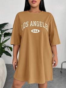 SHEIN EZwear Plus Letter Graphic Drop Shoulder Tee Dress Plus Size T Shirt Girlsy2k Plus Size Clothesoversized T Shirt Women,Summer Dresses For Women,Dresses Casual Oversized T-Shirt Dress - Khaki - View 11