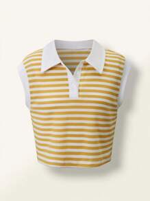 SHEIN Explorewe 1pc Tween Girl Casual Fashionable Polo Collar Striped Tank Top, Suitable For School, Work, And Street, Fresh Colors, Summer - Yellow - View 1