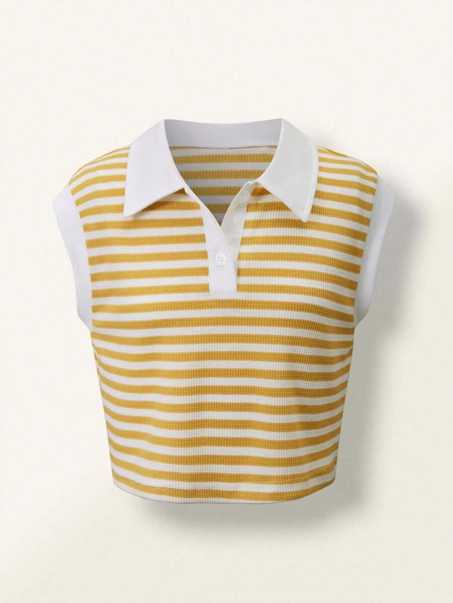 SHEIN Explorewe 1pc Tween Girl Casual Fashionable Polo Collar Striped Tank Top, Suitable For School, Work, And Street, Fresh Colors, Summer - Yellow - View 1