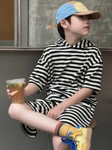DAZY 青少年男孩连帽条纹休闲短袖 T 恤和短裤两件套服装，返校服装 - 黑與白 - 查看 7