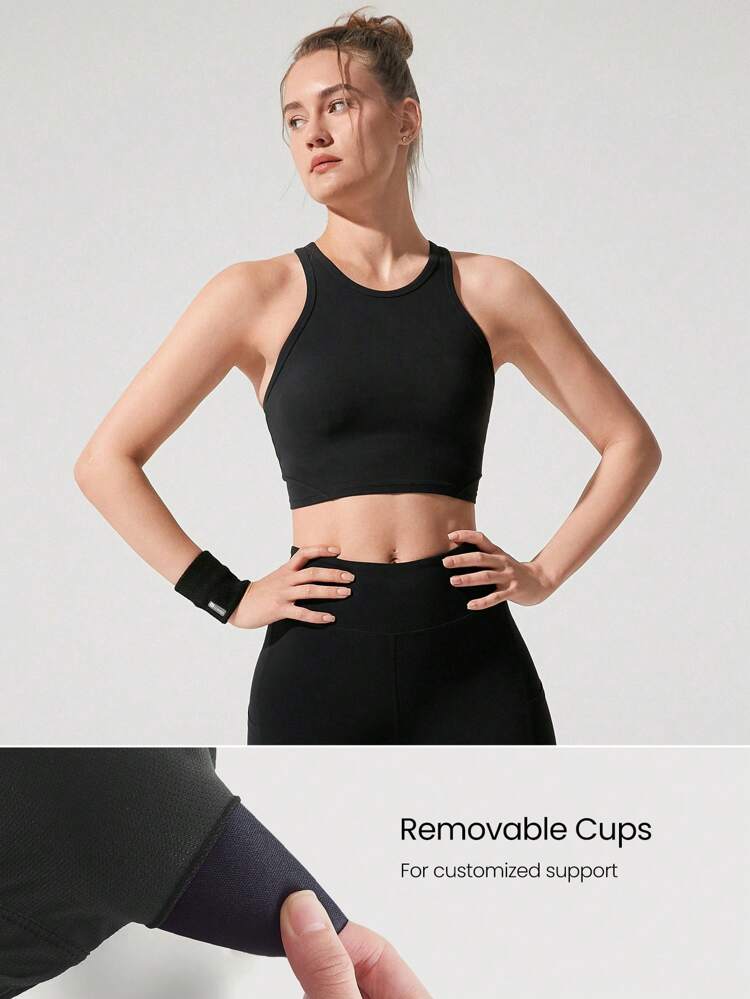 FeatherFit™-Sculpt Glow Hard Compressive Reflective Back Removable Cups Racerback Active Crop Top Sports Bra Medium Impact Running Jogging Workout Gym Training Active