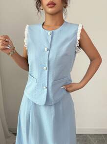 Elenzga 2pcs/Set Lace Trim Sleeveless Waist-Defining High Waist Skirt Set - Blue - View 5