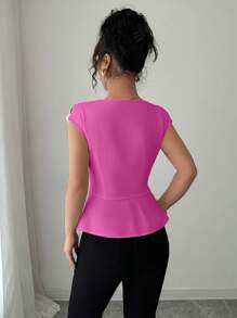 Elenzga 女式修身不对称拼布刺绣网眼衬衫 - 玫紅色 - 查看 2