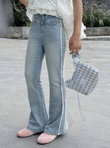 DAZY Tween Girl Denim Bell-Bottom Pants With Lace Patchwork, Summer, Back To School Clothes,Fall Clothes - Blue and White - View 7