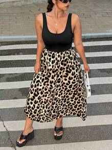 SHEIN EZwear Plus Size Leopard Print Patchwork Ruched Dress, Casual Beach Wear, For Summer - Black - View 5