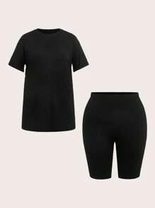 SHEIN BASICS 2pcs/Set Casual Solid Color Round Neck Loose Short Sleeve T-Shirt & High Waisted Tight Shorts Set, Plus Size - Black - View 1