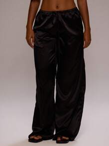 MUSERA 系带缎面长裤，90年代夏季优雅休闲可爱度假裤，春季家居服 - 黑色 - 查看 2