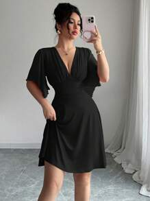 Elenzga 全新 V 领、褶饰、胸围、荷叶边、袖子、束腰、优雅黑色女式迷你连衣裙
