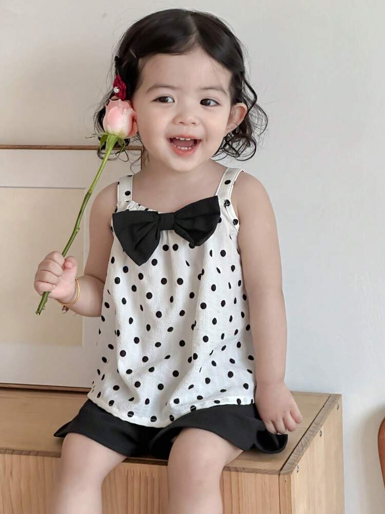 Baby Girls' Round Neck Bow Polka Dot Sleeveless Shirt & Skirt 2-Piece Set Toddler Girls Clothes
