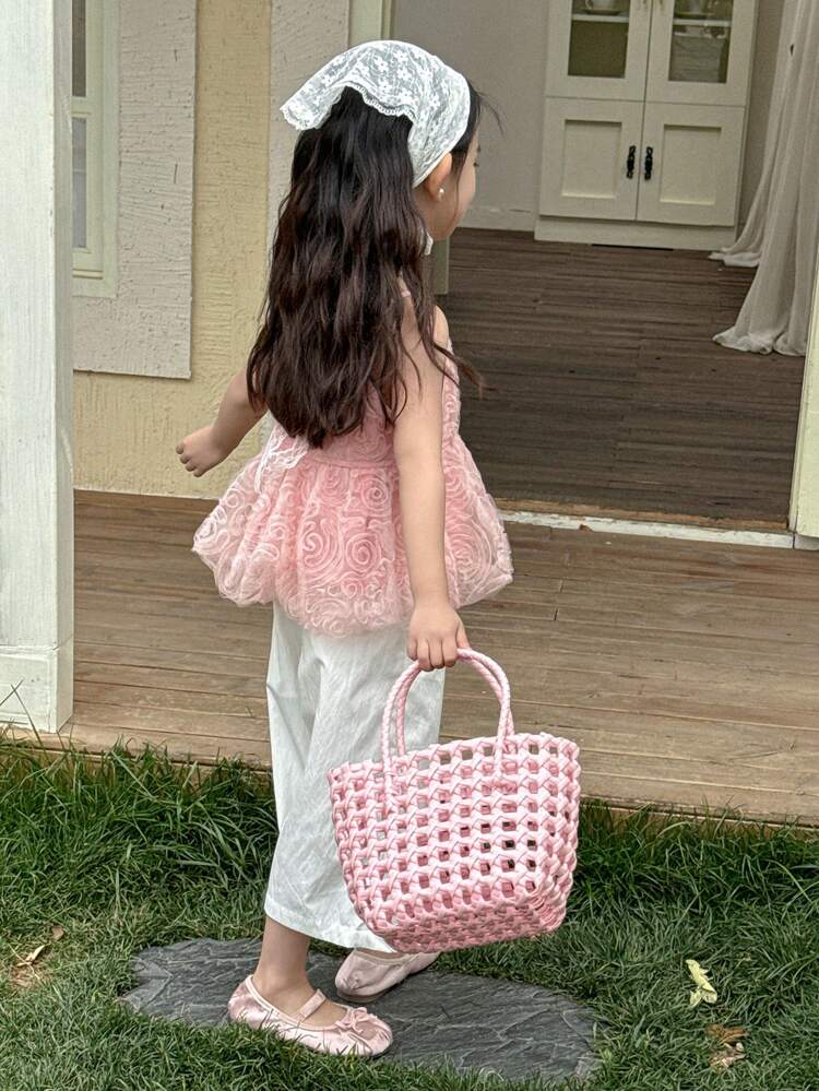 2pcs/Set Young Girl Floral Embroidery Camisole Shirt And Wide Leg Lace Trim Pants,Girls Summer Outfits