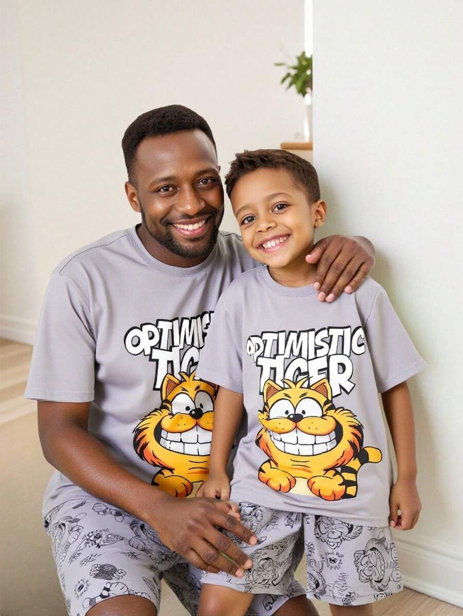 2pcs Young Boy Homewear Set, Round Neck Cat Print Top And Allover Print Shorts Back To School Fashion - Grey - View 1