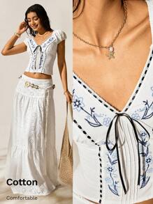 Easelle White Embroidered Small Shirt Top Seaside Holiday Style Outdoor Summer Embroidered Flowers Vacation Outfits Woman 4th Of July Women