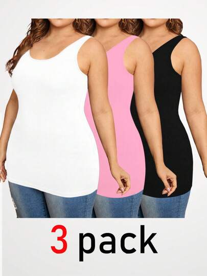 SHEIN Essnce Plus Size Women's Clothing Four Seasons Fashion Casual Comfortable Basic Long Top 3-Pack Tank Top, Summer Women Pink
