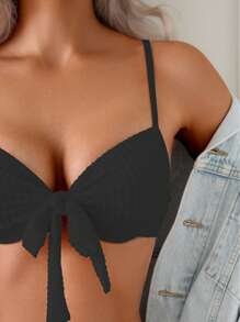 SHEIN Swim 2pcs Springbreak Women Solid Color Padded Texture Bowknot Shoulder Strap Bikini Set, Summer Beach - Black - View 3