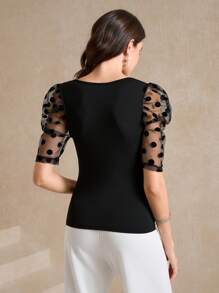 SHEIN Clasi Women'S Spliced Polka Dot Mesh Puff Sleeve Top