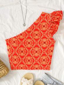 SHEIN Blusa de verano informal de estilo vintage para adolescentes con parte superior corta de tirantes con lazo y estampado floral
