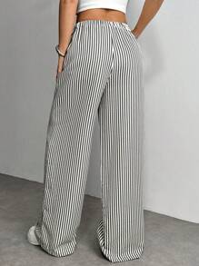 SHEIN PETITE 女士休闲条纹字母印花松紧腰宽松阔腿裤 - 黑色 - 查看 2
