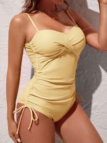 Swim Lushoire 1pc Solid Color Side Drawstring One-Piece Swimsuit, Vacation Beach For Summer - Yellow - View 4