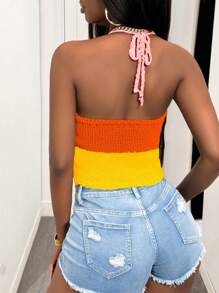 Slaydiva Women's Summer Contrast Color Cropped Halter Knit Tops - Multicolor - View 2