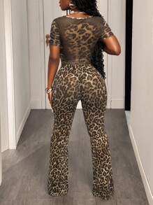 Slaydiva 2025新款夏季休闲街头性感日常约会派对Y2K圆领短袖短款T恤+喇叭超长裤豹纹网眼针织女两件套-E - 彩色 - 查看 2