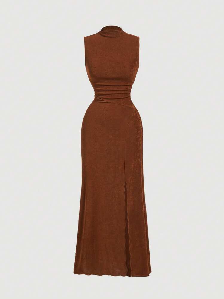SHEIN MOD Winter,Women's High Slit Dress With Stand Collar,Rust Brown, Half  Turtleneck, High Slit Hem, Ladies Elegant, Party, Knitted Long Dress For  Women | SHEIN USA