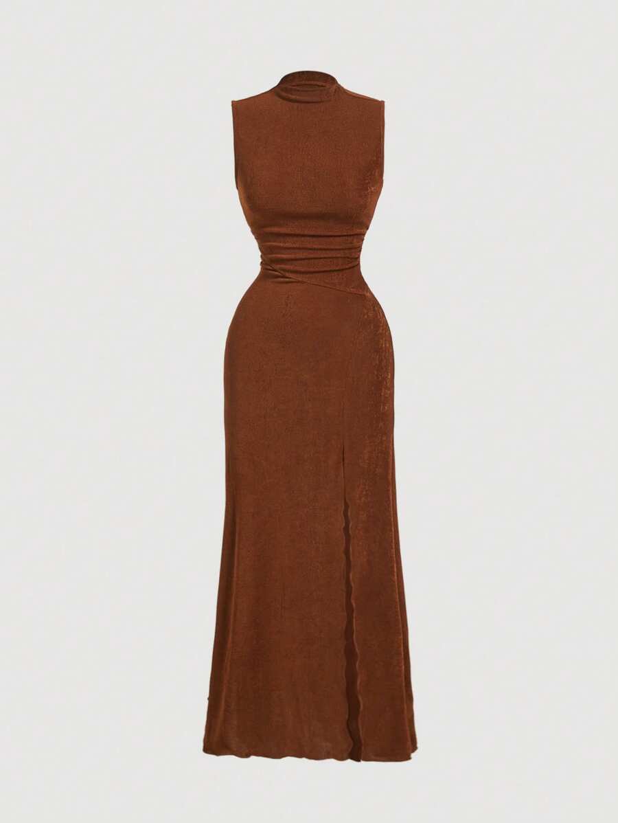 SHEIN MOD 女式立领高开叉连衣裙 - 鏽棕色 - 查看 1