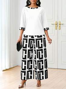 SHEIN Lady 春夏秋冬休闲优雅黑色针织V领喇叭纽扣短款长袖休闲优雅大码套装情人节新年女装夏季女装夏季 - 黑與白 - 查看 5