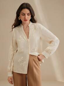 Anewsta 优雅立领设计刺绣女式衬衫，商务休闲办公室 - 杏色 - 查看 3