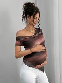 Momance Mesh Gradient Print Casual Asymmetrical Shoulder Maternity T-Shirt - Brown - View 5