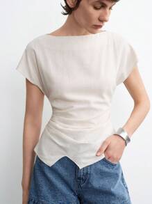 Aalyst Women's Elegant, Fashionable, Comfortable, Charming, Retro, Minimalist, High-End Short Sleeve Round Neck Waist Cinched Solid Color Casual Blouse