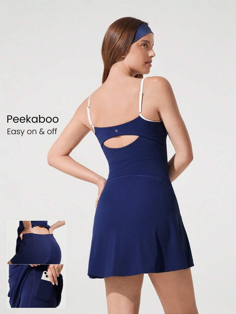 FeatherFit™ - Vestido Ativo de Uso Diário Casual com Alças Finas Ajustáveis, Recorte nas Costas, Contraste de Cores, Adequado para Fim de Semana, Tênis, Golfe, Pickleball de Baixo Impacto