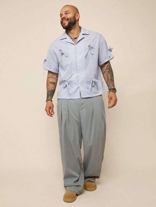 EASEVO Camisa azul de manga corta holgada con estampado de rayas y lazo para hombre de talla grande
