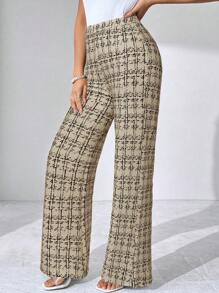 SHEIN Clasi Summer Elegant Women's Plaid Printed Elastic Knitted Pants, Suitable For Various Occasions, Suitable For Summer Vacation, Elegant Travel, And Daily Commuting,Fall Women Clothes - Khaki - View 5
