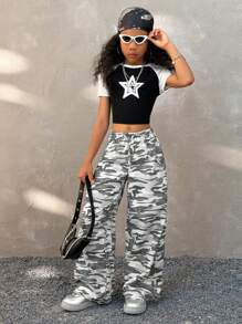 Coolane Kids 青少年女孩春夏街头服饰迷彩图案直筒宽松直筒裤 - 黑色 - 查看 4