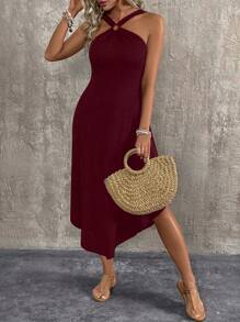 Breezaya Đầm Maxi Đi Biển Không Tay Cổ Halter Màu Trơn Viền Bất Đối Xứng Mùa Hè Trang Phục Đi Biển Cho Nữ - Màu Đỏ Sâu - Xem 4