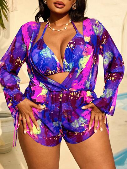 Slaydiva Plus Size Women 3pcs Set Tie-Dye Halter Strap Bikini With Long Sleeve Pants And Mesh Coverup, Fashion Resort Beach Vacation Swimsuit,Summer Outfits For Women,Vacation Outfits Woman