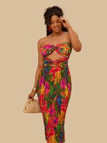 Travachic 大码女式热带植物印花镂空露背长裙，度假风格，女士度假装，度假太阳裙，海滩度假装，热带度假女装，女士夏季装，太阳裙，日常，露背裙，女士碎花裙，适合派对、约会、下午茶、夏季装、海滩度假、音乐节 - 彩色 - 查看 4