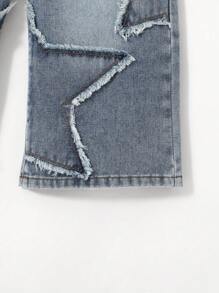 Young Boy Distressed Street Style Star Patchwork Loose Fit Blue Denim Jeans For Kids Clothes Boys Costume Dailywear Streetwear Outfits And Kids Four Seasons Clothes Back To School Clothes - Light Wash - View 10