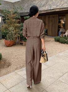 DAZY 2pcs/Set Elegant Women Blouse Top And Casual Trousers Set Fall/Winter - Camel - View 4
