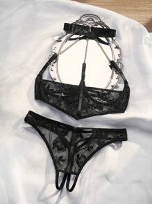 SpicyHot 2 件 Y2K 极度性感胸部镂空蕾丝拼接链条装饰闪亮女士性感外出文胸