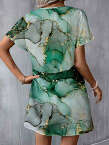 EMERY ROSE Vestido corto de tejido, de escote en V con estampado de teñido anudado verde, estilo minimalista casual, adecuado para la primavera y el verano