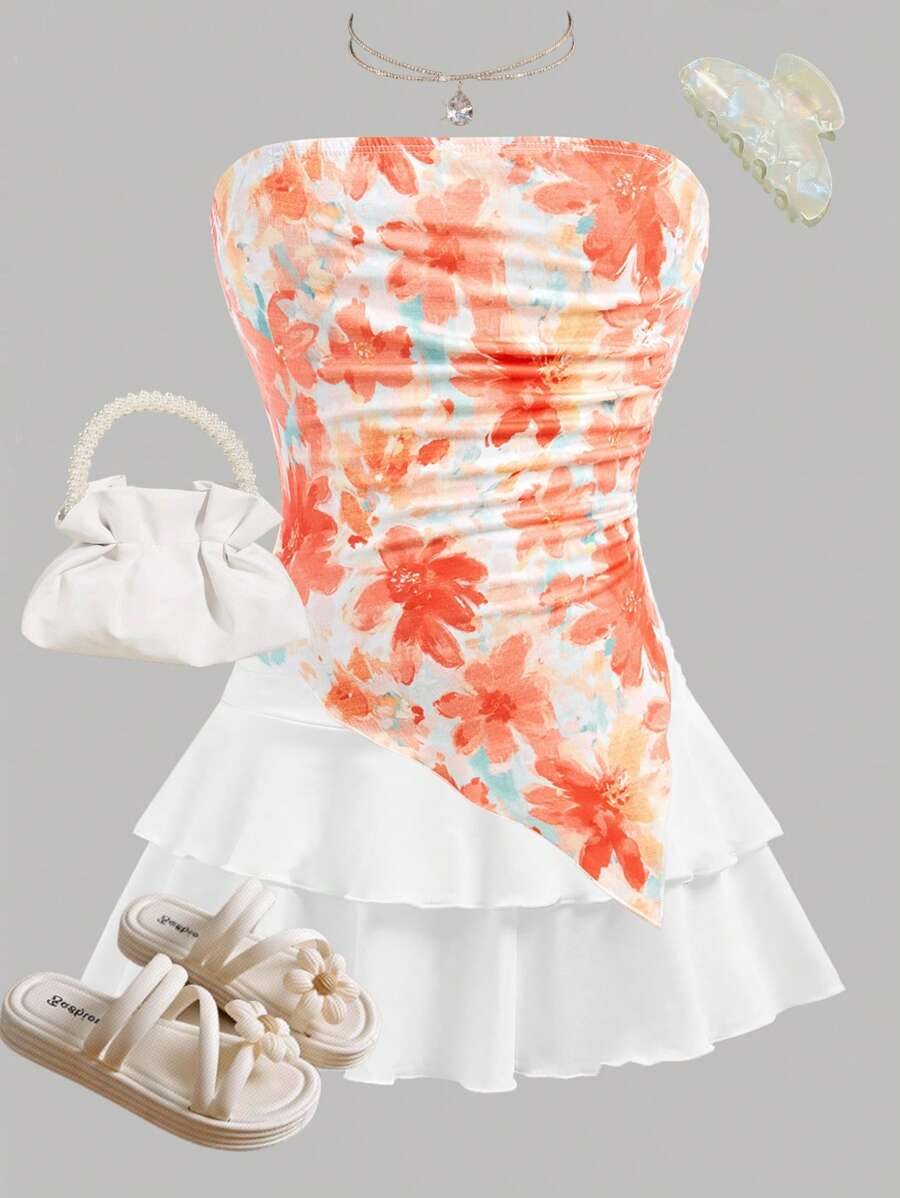 Girlism 青少年女孩 2 件套：花卉印花短款吊带上衣，配有荷叶边下摆和透明肩带，荷叶边上衣 - 珊瑚橙 - 查看 1