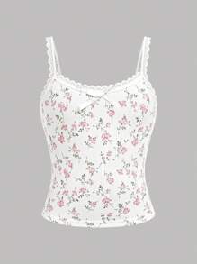 SHEIN Girlism Tween Girl Casual Home Lace Trim Ribbon Bow Ditsy Floral Camisole And Fitted Short Set - Pink - View 6