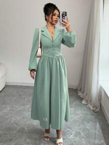 Modelyn Vestido elegante de manga larga con botones frontales de unicolor para mujer - Verde - Ver 3