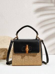 SHECARRY 竹制纽扣撞色拼接手提包