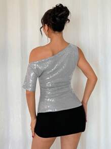 DAZY 女士亮片装饰不对称肩部修身T恤，优雅时尚新年闪亮嘉年华上衣 - 灰色 - 查看 7