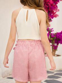 Girls Classic Red & White Striped Bow Decor Asymmetrical Hem Skirt Shorts, Simple Vacation Style, Suitable For Summer Daily Outings
