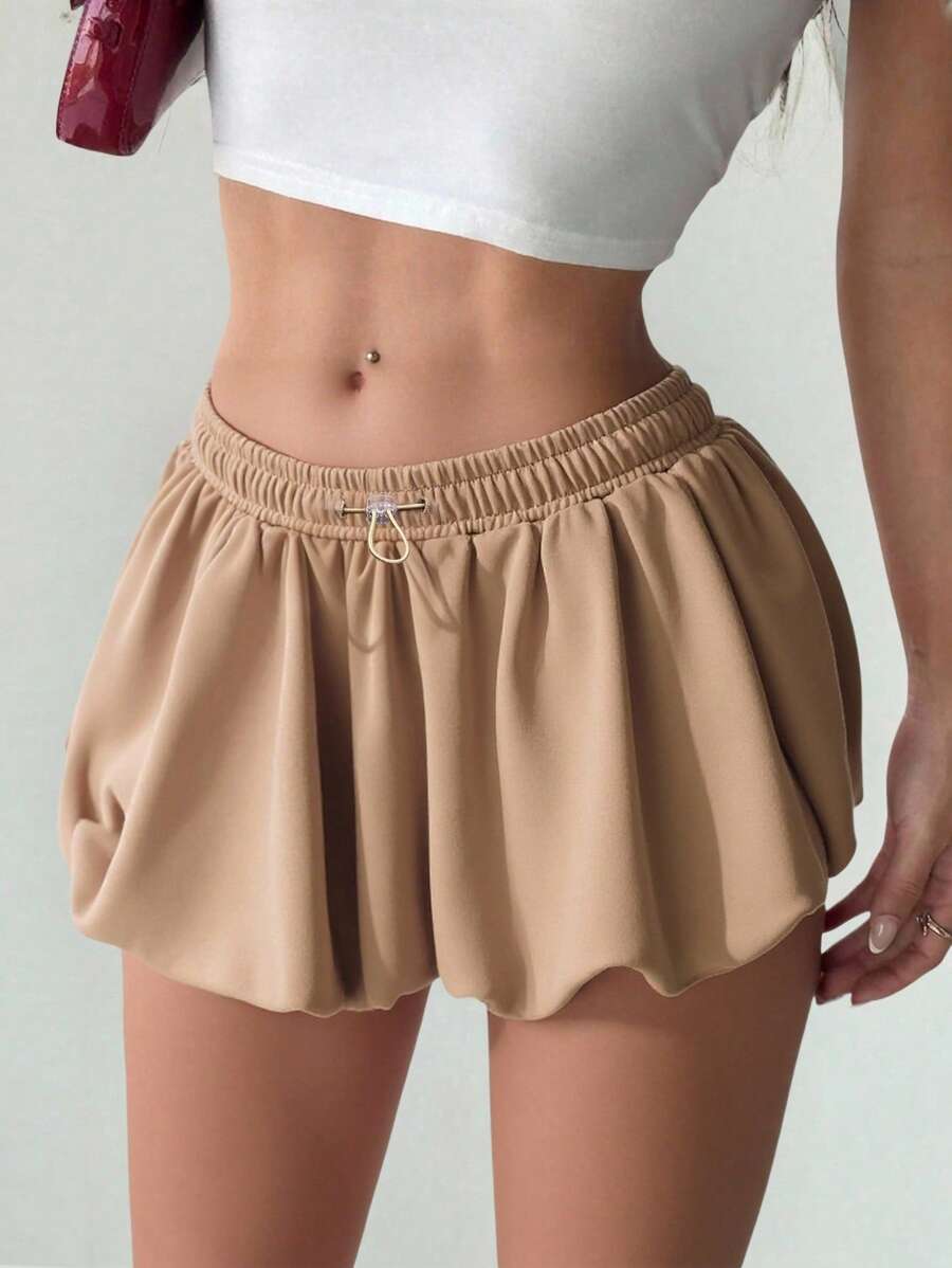 Hanevo Women's Fashionable Sports Style Solid High Waisted Bubble Skirt With Built-In Leggings, Elastic Drawstring Mini Bubble Skirt Sportwear For Daily Wear - Khaki - View 1