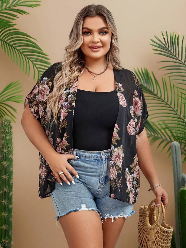 Travachic Kimono de verano de manga murciélago con estampado floral y apertura frontal sin camiseta, talla grande