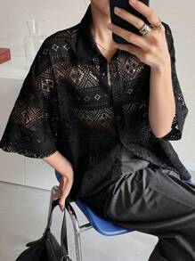 FRIFUL Blusa suelta con hombros caídos y encaje transparente de verano para mujer - Negro - Ver 6